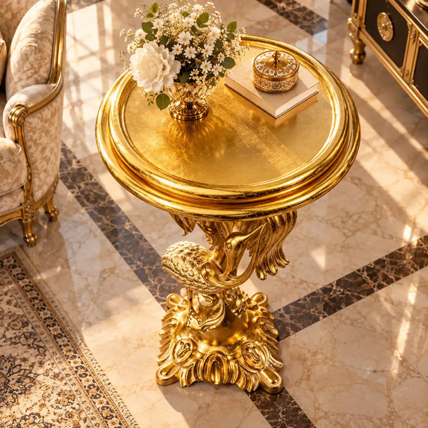 Leylek Tepsili Altın Varak Sehpa leylek figürlü oymalı gövde