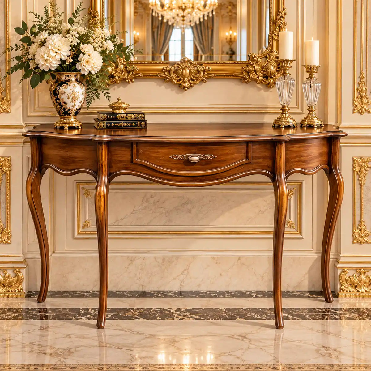 Louis XV Thin Leg Walnut Console Table