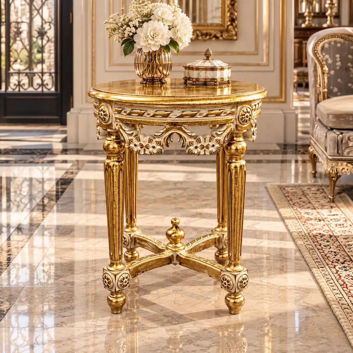 Altın Varak Çiçek Tornalı Fiskos Sehpa 48 cm çap 68 cm yükseklik