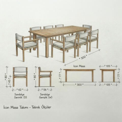 Icon Teak Bahçe Masa Takımı-300 Cm